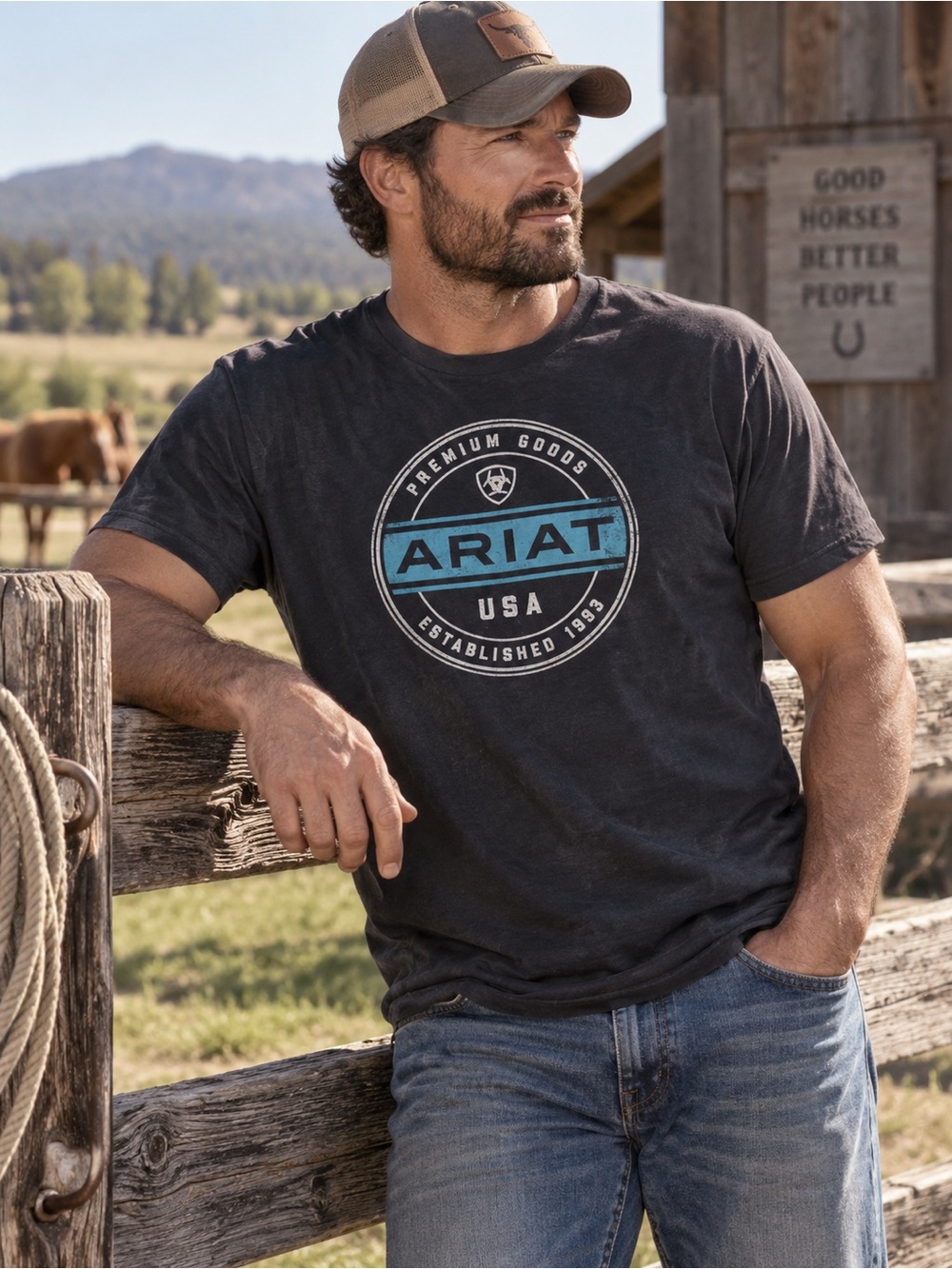 Ariat Black Short-Sleeve Graphic Tee with Blue Logo